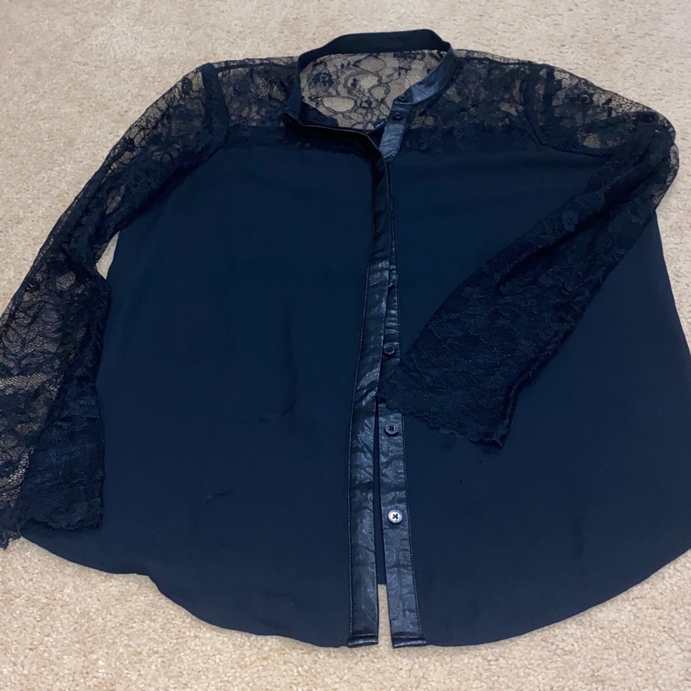Faux leather trim lace sleeves button down top